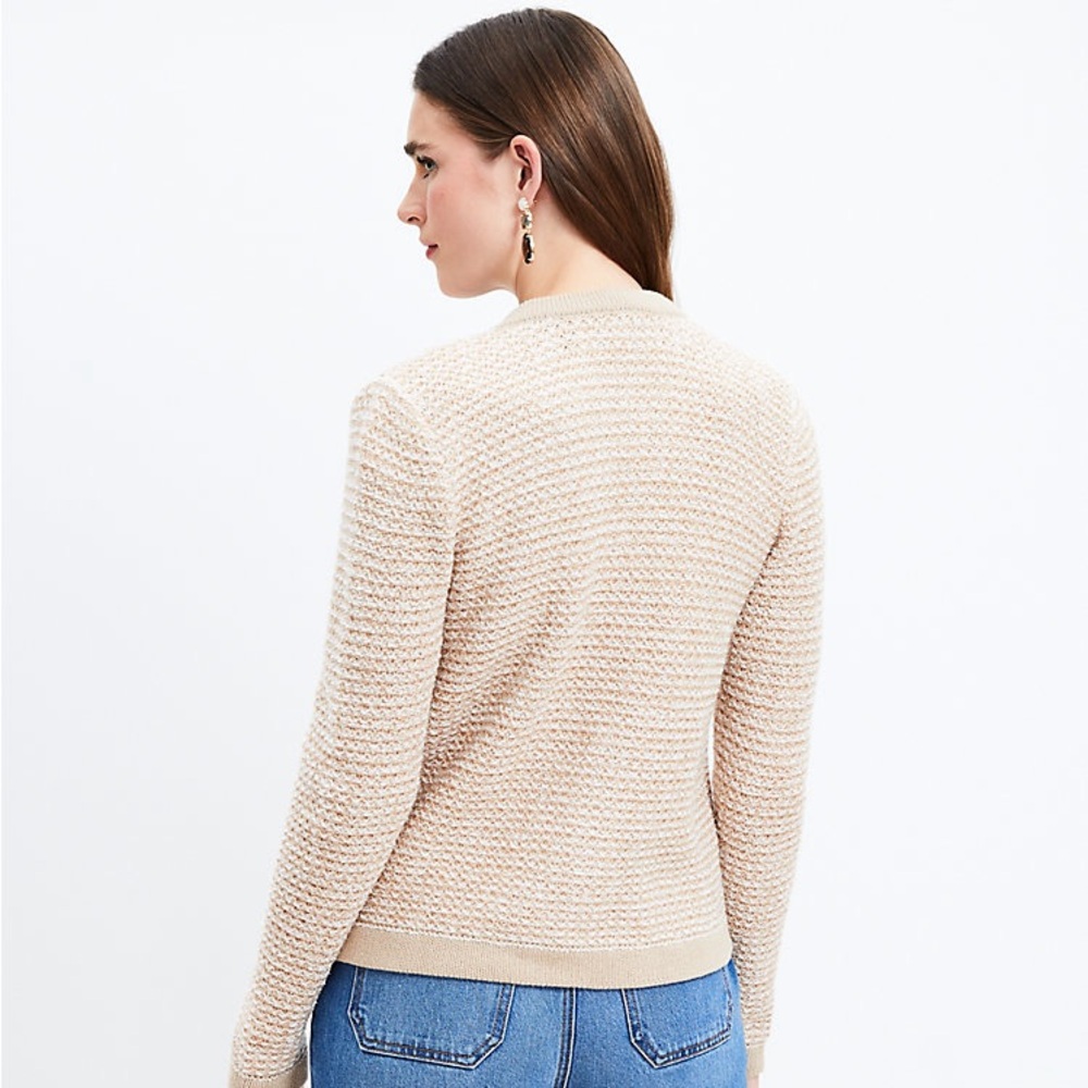 Textured Tweed Open Sweater Knit Jacket Neutral Cream Beige Tan LOFT Size Small - Picture 3 of 13
